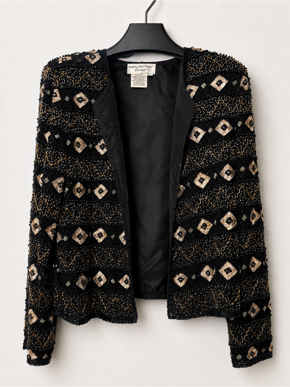 Vintage Papell Boutique Silk Gold/bBack Beaded Open-Front Evening Jacket size XL